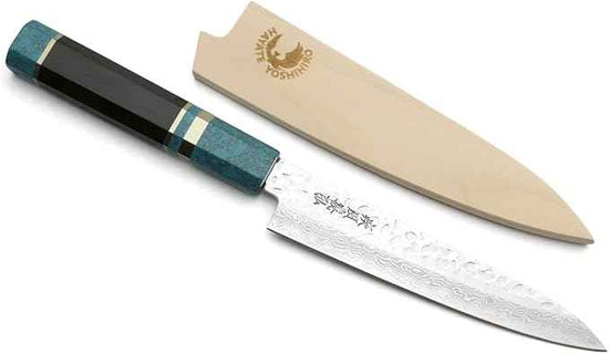 Yoshihiro VG-10 46 Layers Hammered Damascus Petty Utility Japanese Chef Knife Octagonal Turquoise Blue Handle (6'' (150mm))