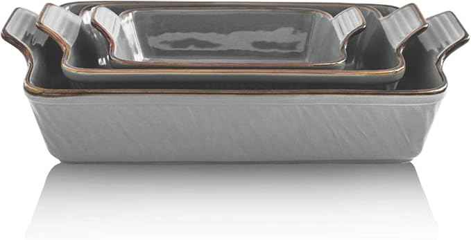 KOOV Bakeware Set, Ceramic Baking Dish Set, Rectangular Casserole Dish Set, Lasagna Pans for Cooking, Cake Dinner, Kitchen, 9 x 13 Inches, Texture Series 3-Piece (Grey)