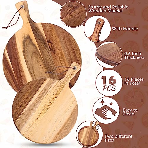 16 Pack Acacia Wood Cutting Board with Handle Thick Round Charcuterie Boards 2 Size Acacia Chopping Boards for Serving Cheese Pizza Bread Platter Baking Wooden Wall Carving Decor (16 Count)