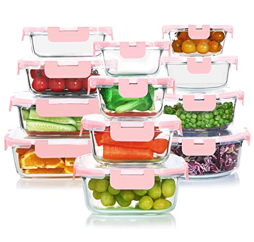 24 Pieces Glass Food Storage Containers Set (Pink / 12 Pack)