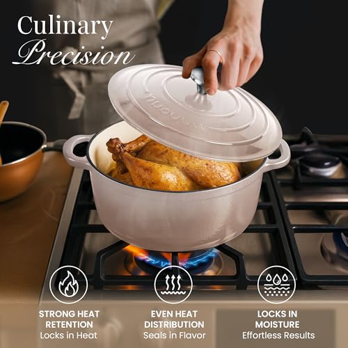 Enamelled Cast Iron Dutch Oven Pot with Lid 6.4 Quart Non Stick Casserole Pot (Oyster / 6.4-Quart - Deep)