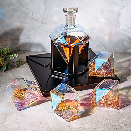 Diamond Whiskey Decanter With 4 Iridescent Glasses 750ML Mahogany Wood Tray