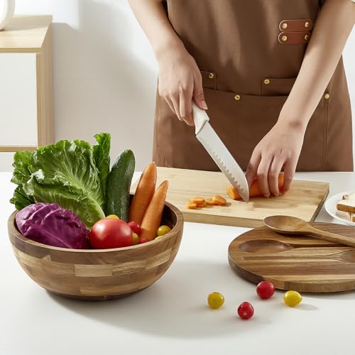 Salad Bowls Wood Salad Bowl Set with Lid Acacia Wood Serving Bowl for Fruits or Salads 10.5" Large Serving Bowl with Serving Utensils (10.5in wood salad bowl)