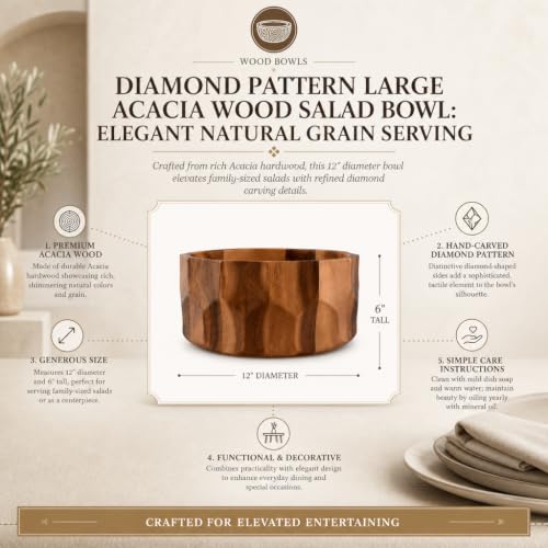 Large Diamond Pattern Acacia Wood Salad Serving Bowl (6" Tall x 12" Diameter)