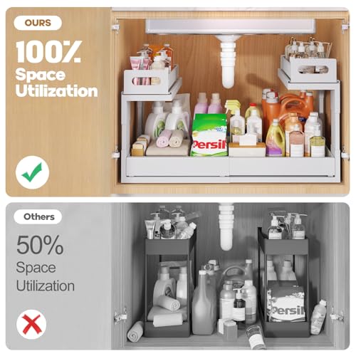 1 Pack-16"-26"W Expandable Under Sink Organizer With Upgrade Ball-Bearing Slide,2-Tier Pull Out Under Cabinet Organizer Height Adjustable,Not Suitable For Cabinets With Partitions In The Middle (1 Pack-16"-26"W / White)