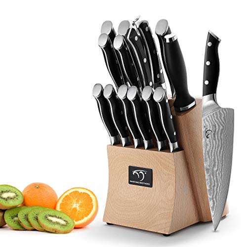15 Piece Damascus Kitchen Knife Set with Beechwood Block