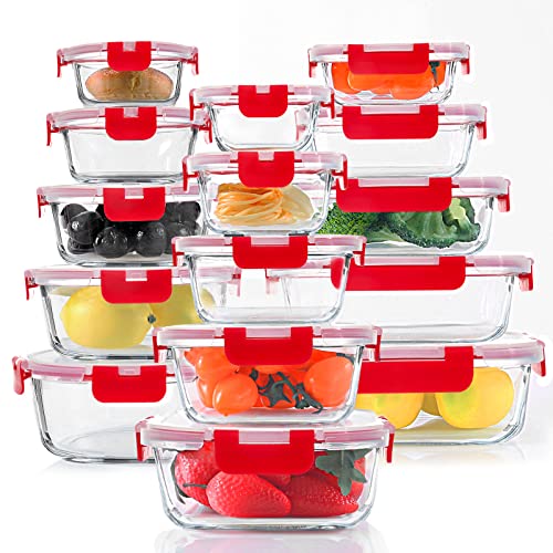 30 Pieces Glass Food Storage Containers Set (Red / 15 Pack)