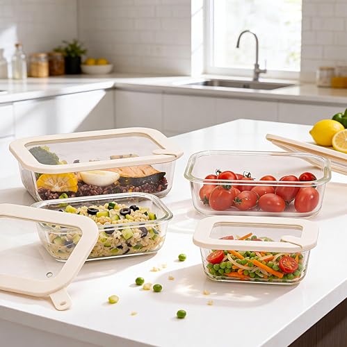 Glass Food Storage Containers with Glass Lids (‎Ivory White -4p)