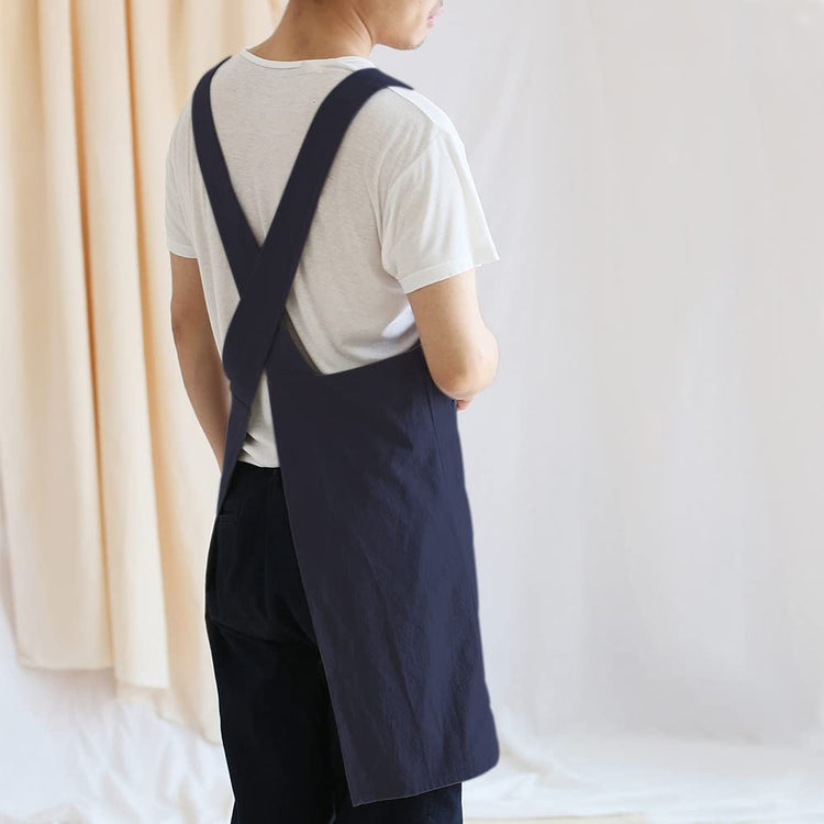 Japanese Linen Cross Back Kitchen Cooking Aprons for Men with Pockets for Baking Painting Gardening Cleaning Navy