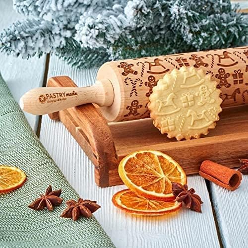 Christmas Wooden Rolling Pin for Baking Engraved Embossing Rolling Pin Cookie Stamps Roller Square Grid Cookies Mold Kitchen Decor Tools for Baking Embossed Cookies