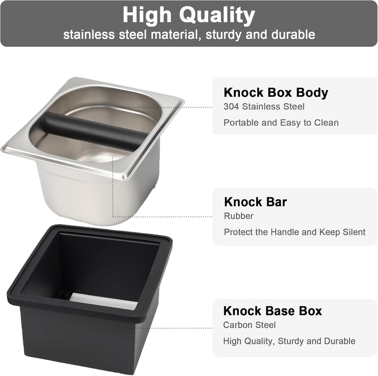 Espresso Knock Box, Coffee Knock Box for Espresso Grounds Disposal, Large Capacity, Equipped with Noise Reduction Rubber Ring & Steel Holder, Ideal Tool for Espresso Machines, Black (Small)