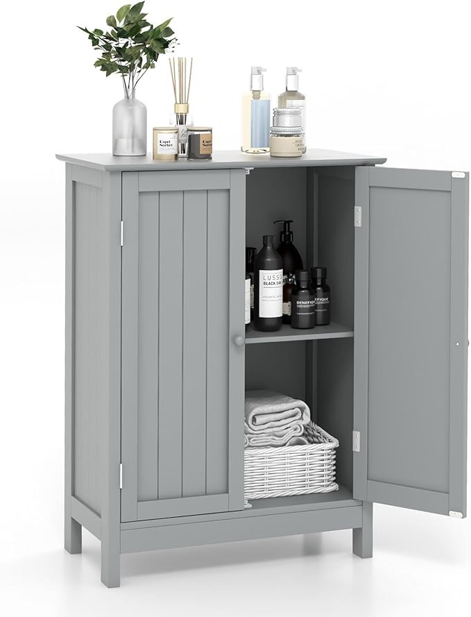 COSTWAY Bathroom Storage Cabinet, Freestanding Bathroom Organizers and Storage with Doors & Adjustable Shelf, Wooden Floor Cabinet for Home, Living Room, Entryway, Kitchen (Grey)
