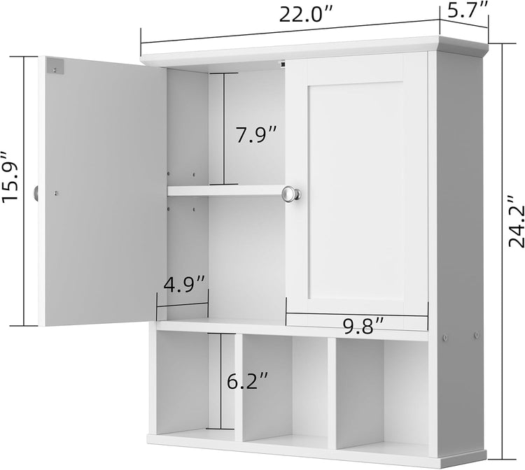 Shintenchi Bathroom Wall Cabinet with Door, Storage Organizer Over The Toilet Medicine, Space Saving with Adjustable & Open Shelf, White