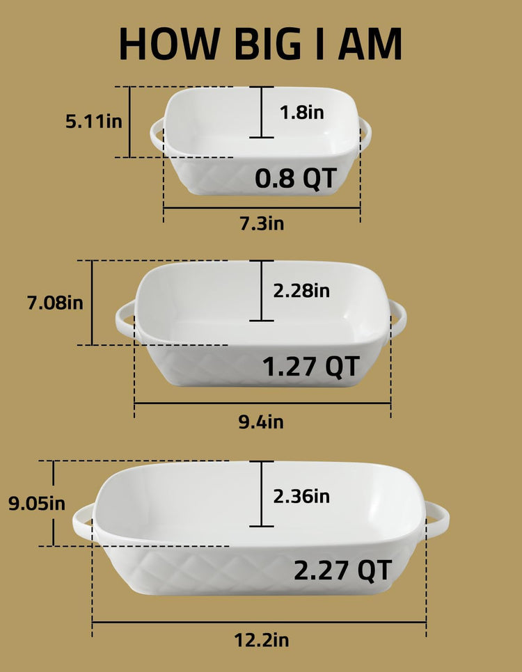 Sweejar Casserole Dishes for Oven, Baking Dish Set of 3,Ceramic Bakeware Set, Rectangular Baking Pan for Cooking,Kitchen,Banquet,12.2x9.2x2.5 Inches (White)