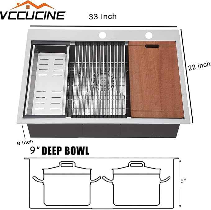 VCCUCINE 33x22 Inch Drop In Kitchen Sink,Overmount Stainless Steel Single Bowl Workstation Laundry Sink Top mount 2 Hole Farmhouse Kitchen with Cutting Board & Accessories