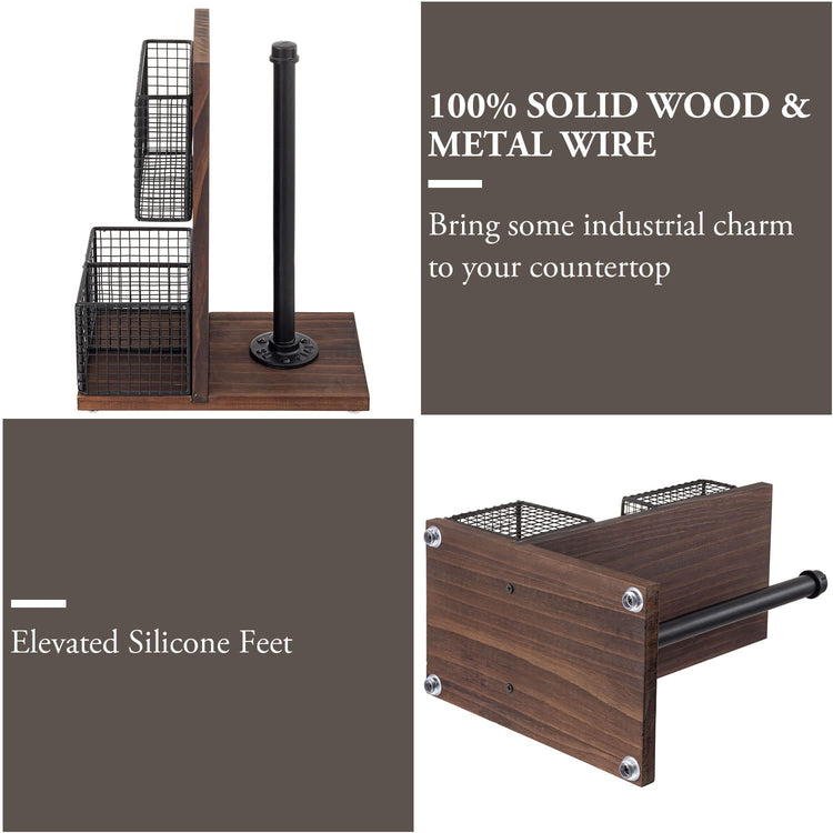 3-in-1 Kitchen Organizer with Paper Towel Holder, Napkin Holder & Spice Rack - Rustic Wood & Industrial Metal Pipe Caddy for Farmhouse Dining Table