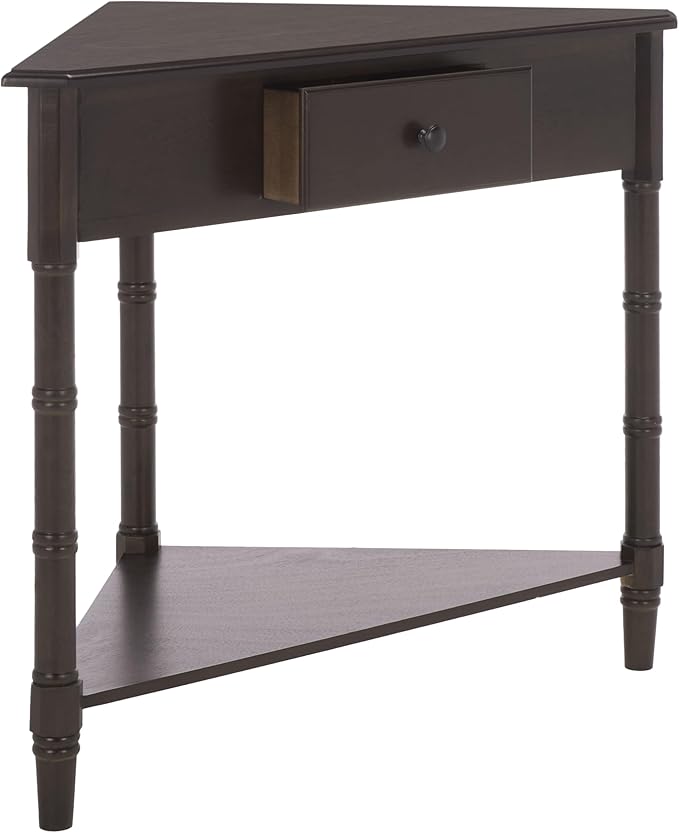 SAFAVIEH Home Collection – Gomez Dark Chocolate Corner Table, 1-Drawer Space-Saving Triangle Accent Table, Classic Turned-Leg Design (AMH5709F)