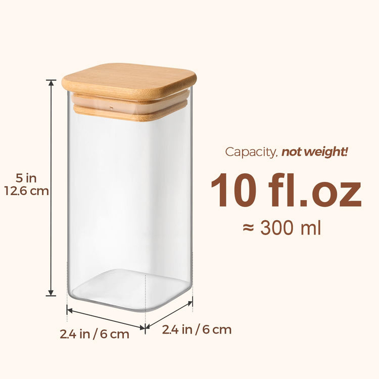 Glass Spice Jars with Labels 10 oz 12 Pack Large Square Bamboo Lids (12 Count)