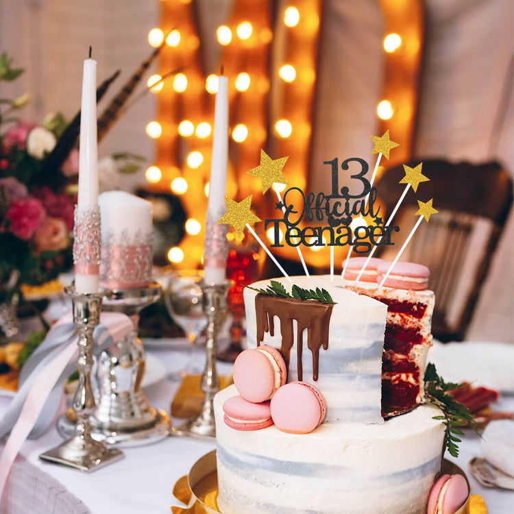Black Gold 13th Birthday Cake Topper with Glittery Stars (7 Count)