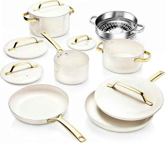 Gotham Steel Modern 11 Pc Ceramic Cookware Set, Elegantly Designed Pots and Pans Set Non Stick with Steamer, Induction Bottom, Premium Stay Cool Handles, Non Toxic PFOA Free, Oven & Dishwasher Safe