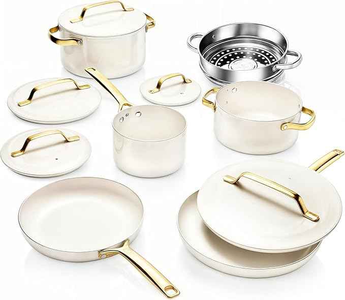 Gotham Steel Modern 11 Pc Ceramic Cookware Set, Elegantly Designed Pots and Pans Set Non Stick with Steamer, Induction Bottom, Premium Stay Cool Handles, Non Toxic PFOA Free, Oven & Dishwasher Safe