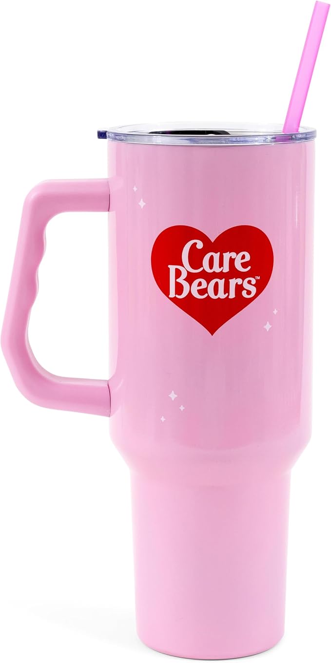 Silver Buffalo Care Bears “Mood” Double Walled Stainless Steel Tumbler with Handle Featuring Love-A-Lot Bear, Fits in Standard Cup Holder, 40 Ounces