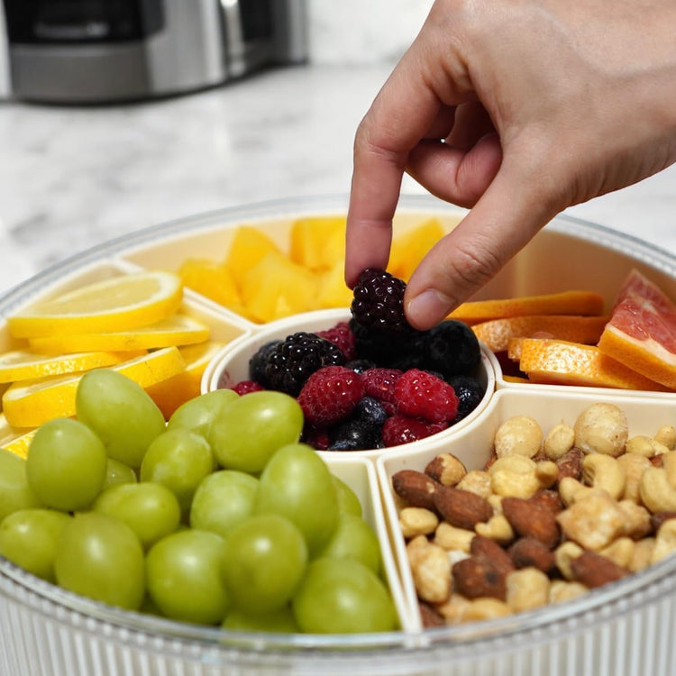 Snackle Box Container, Round Divided Serving Tray with lid 6parts for Veggie, Candy and Nuts Organizer for Travel, Party and Picnic (Cream/Silver)