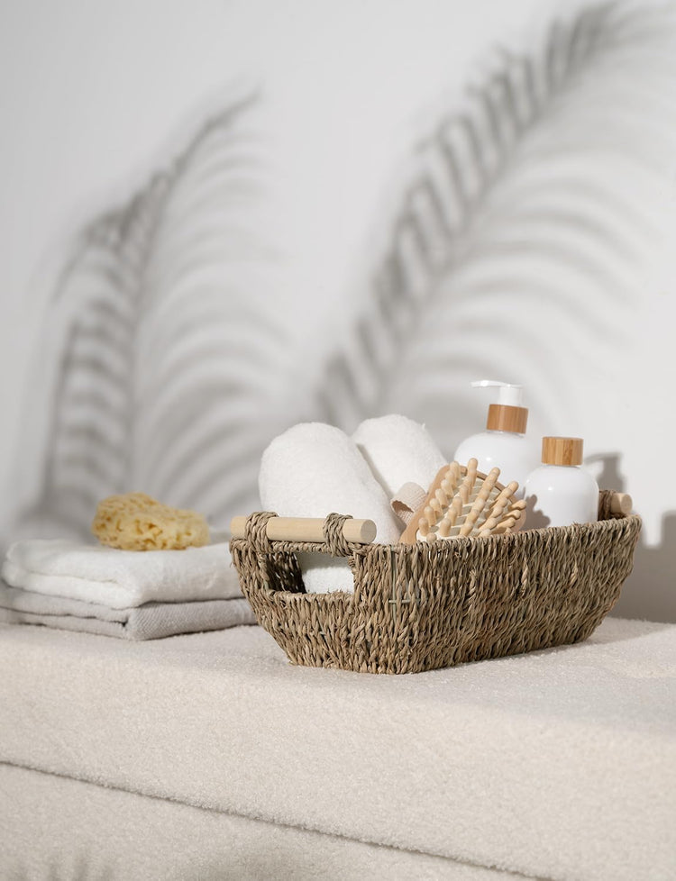 StorageWorks Small Baskets for Bathroom, Seagrass Woven Basket with Wooden Handles for Gifts, 2-Pack