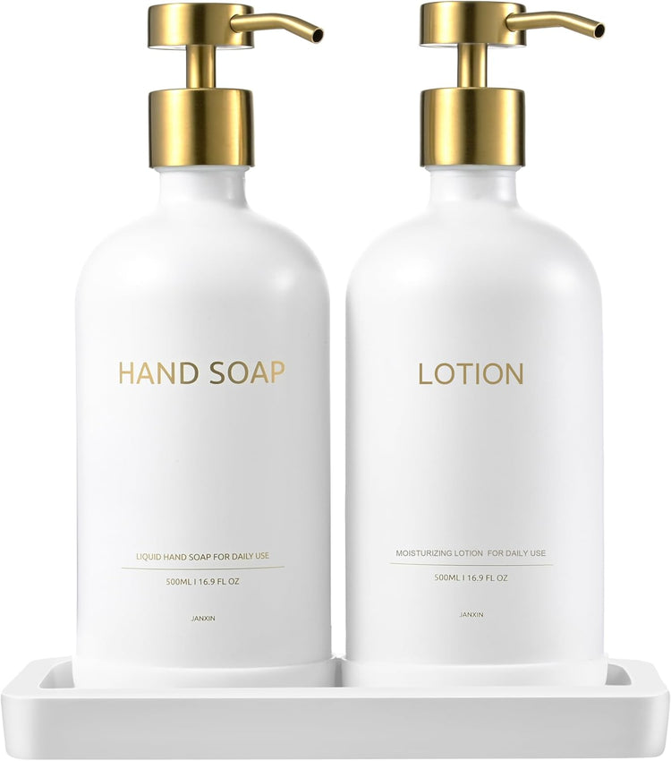 Glass Kitchen Soap Dispenser Set with Ceramic Tray,16.9 floz Hand and Dish Soap Dispenser for Kitchen and Bathroom Decor (White + Gold(Lotion))