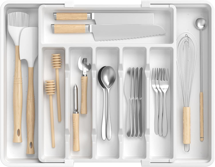Large Silverware Organizer,Expandable Utensil Drawer Organizer,BPA Free Utensil Holder,Adjustable Silverware Tray Cutlery Drawer Organizer for Kitchen Flatware,Large,White (6-8 Slots)