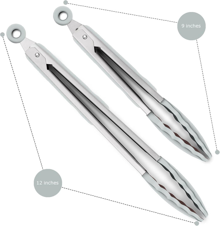 2 Pack Warm Grey Kitchen Tongs, Premium Silicone BPA Free Non-Stick Stainless Steel BBQ Cooking Grilling Locking Food Tongs, 9-Inch & 12-Inch
