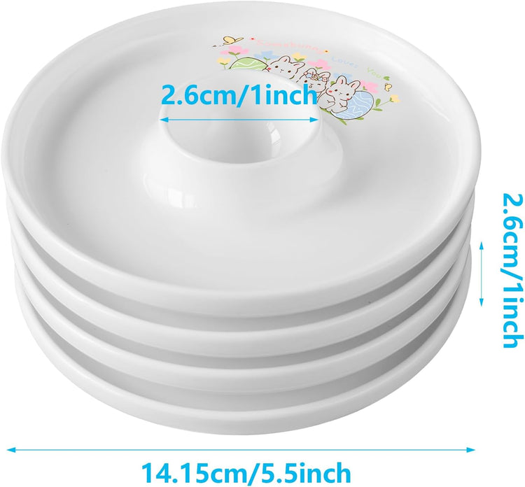 Cinf EggHolder & Spoon Set 4 Ceramic Egg Holders + 4 SS Spoons Breakfast Plate Easter Rabbit 5.5'' Food Container Egg Tray Dinner Serving for Hard Boiled Eggs, Easter & Deserts Kitchen