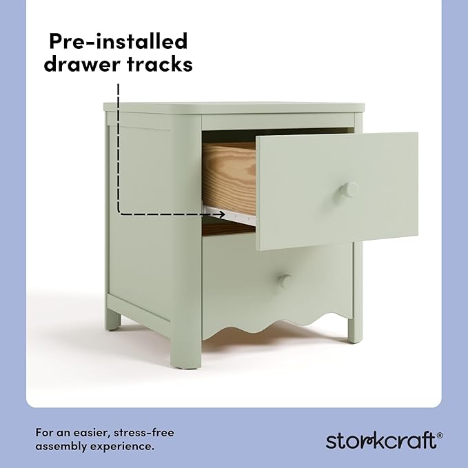 Storkcraft Casablanca 2 Drawer Nightstand (Sage) - GREENGUARD Gold Certified, Storage for Kids Bedroom, Premium Wood Nightstand with Elegant, Iconic Wave Detailing and Rounded Posts