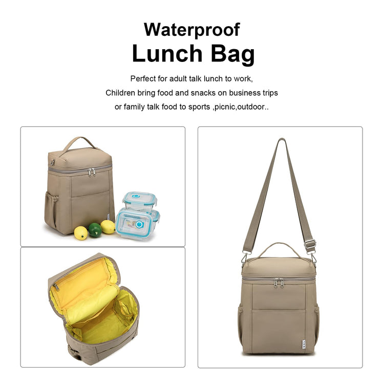 NOL Insulated Lunch Bags for Women Cooler Bag Lightweight Nylon Waterproof Lunch Box for Work Khaki Large 12L