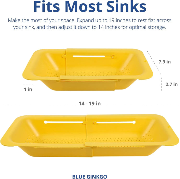 BLUE GINKGO Over the Sink Colander Strainer Basket - Wash Vegetables and Fruits, Drain Cooked Pasta and Dry Dishes - Extendable - New Home Kitchen Essentials (7.9 W x 14.5-19.5 L x 2.75 H) - Yellow