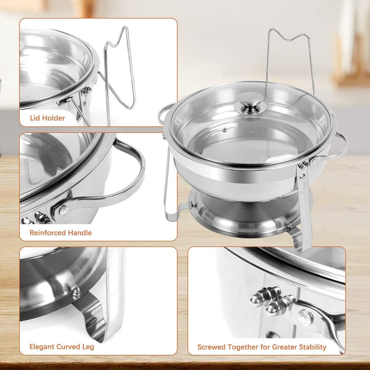 6 Packs Round Chafing Dish Buffet Set, 4 QT Stainless Steel Chafing Dishes with Glass Lid & Lid Holder, Catering Food Warmers for Parties Buffet Weddings Events