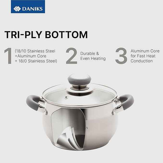 Daniks Modern 10-Piece Stainless Steel Cookware Set with Glass Lids, Includes Saucepan, Tri-Ply Bases for Even Heating, Induction Compatible, Dishwasher Safe, Heatproof Handles