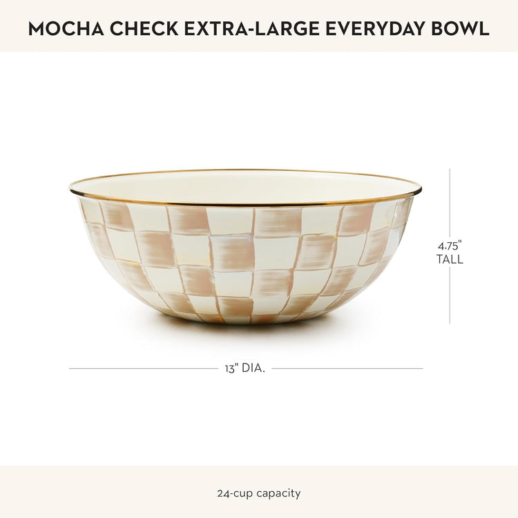MACKENZIE-CHILDS Enamel Everyday Bowl, Serving Bowl for Entertaining, Extra Large, Brown-and-White Mocha Check