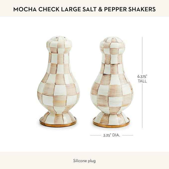 MACKENZIE-CHILDS Enamel Salt and Pepper Shakers, Kitchen Table Spice Shaker Set, Brown-and-White Mocha Check, Large