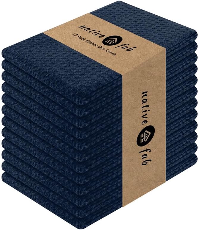 Native Fab Cotton Kitchen Towel with Hanging Loop 16x26 inches, 12-Pack, Waffle Weave Kitchen Towels for Cleaning Drying, Washcloths Soft & Absorbent Cloth Rags, Bar Towel, Dish Cloth, Navy - Nestoria