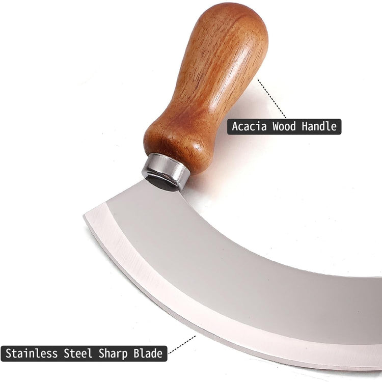5.4 Inch Stainless Steel Mezzaluna Knife - Salad Chopper Rocker Pizza Cutter Rocker Knife Curved Blade Sharp Blade Double Acacia Wood Handle Fruit Vegetable Mincing (5.4 Inch Silver)