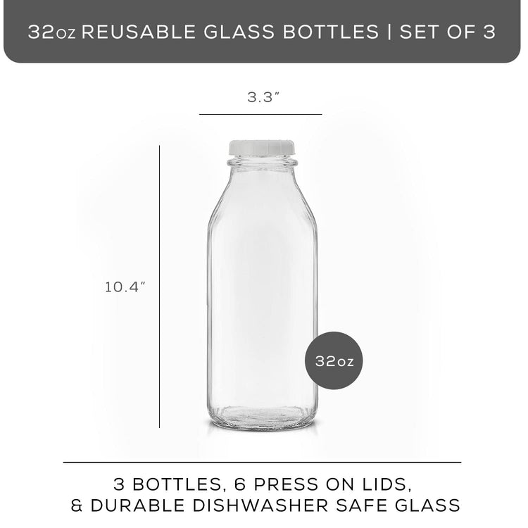 Glass Milk Bottles with Lids and Pourer (3 Count)