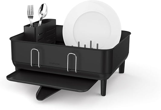 simplehuman Compact Dish Drying Rack with Stainless Steel Frame, 360º Easy Drain Swivel Spout, Utensil Holder, Anti-Residue Coating, Moisture Control Surface, Matte Black