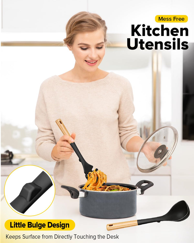 Silicone Soup Ladle and Spaghetti Spoon Set with Wooden Handle (2 Count)