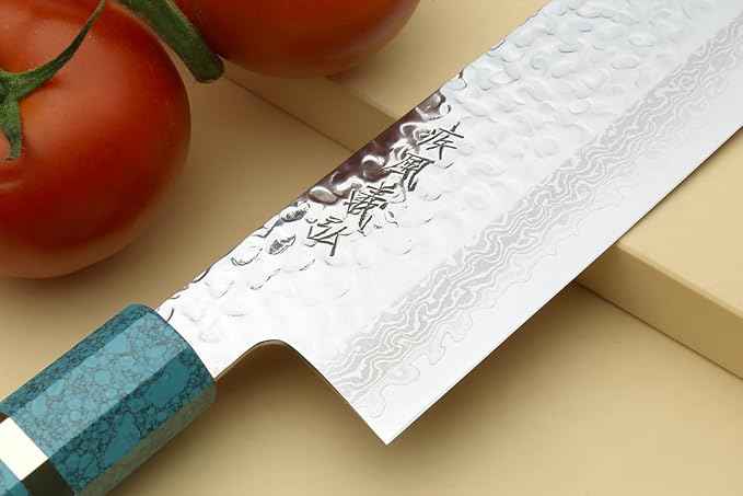 Yoshihiro VG-10 46 Layers Hammered Damascus Nakiri Japanese Vegetable Knife Octagonal Turquoise Blue Handle (6.5'' (165mm))