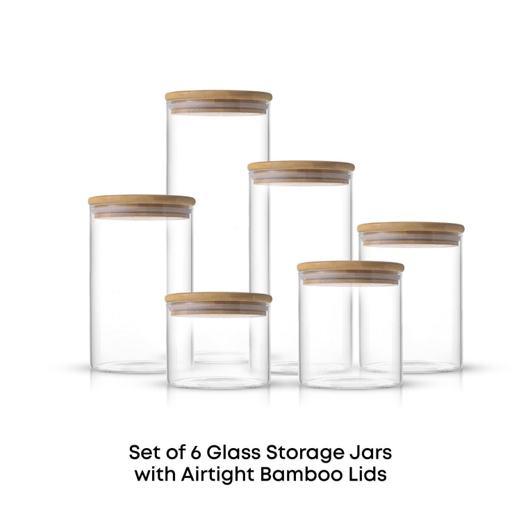Borosilicate Glass Jars With Bamboo Lids. 6 Pc Set of Air Tight Sealable Containers. Food Jar Canisters with Airtight Lid for Pantry Storage and Kitchen Organization. (6 Count)