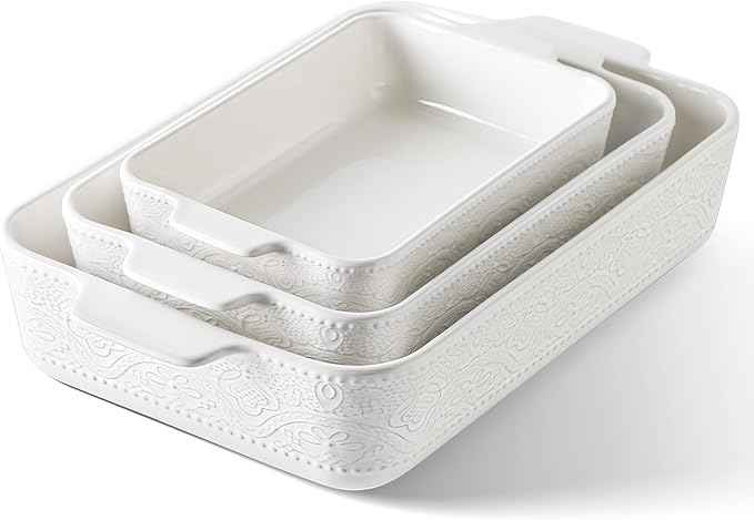 Ceramic Baking Dish Set of 3, Casserole Dishes for Oven, Ideal for Baking, Stewing, Roasting, and Holiday Feasts. The Gift for Mother's Day, Thanksgiving, Christmas, or Housewarming(Bright White)