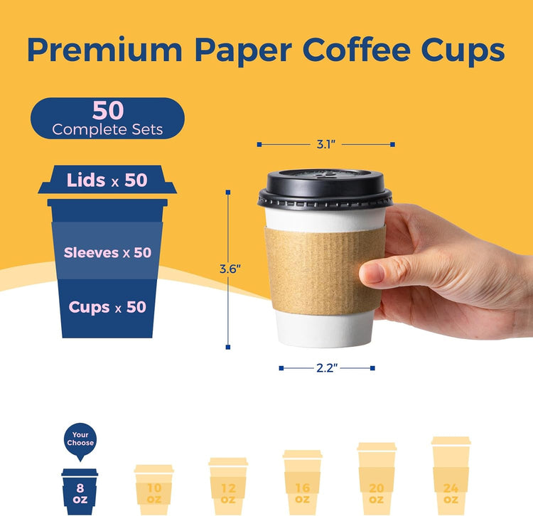 Fit Meal Prep 50 Pack 8 oz Disposable Coffee Cups with Lids, Sleeves, Leak-Proof To Go Coffee Cups with Lids, Durable Paper Cups for Hot Beverage, Home, Office, Party
