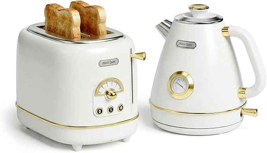 Hazel Quinn Retro Breakfast Set – 2-Slice Toaster & 1.7L Electric Kettle Bundle, 6 Browning Levels, Extra-Wide Slots, 1200W Fast Boiling, All Stainless Steel Interior, Thermometer – Pearl White