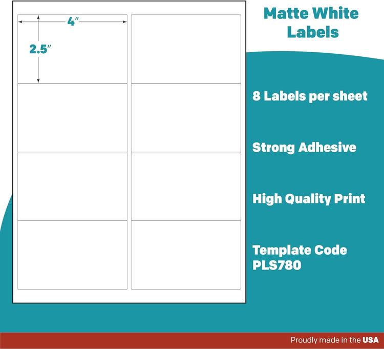 Premium Label Supply White Sticker Shipping/Mailing Labels – 4" x 2.5" – Laser/Inkjet Compatible – (8 per Sheet), 500 Sheets – 4,000 Total Adhesive Labels